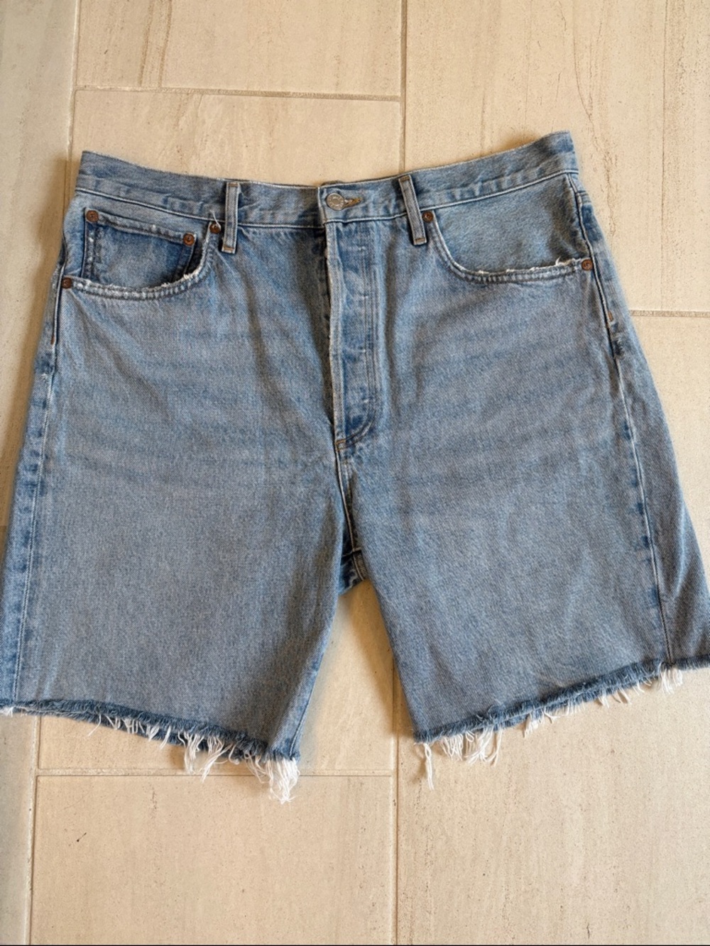 Agolde Light Blue Denim Shorts with Contrast Stitching